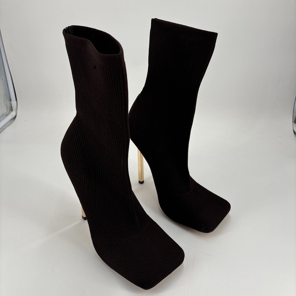 Public Desire Sock Boots Brown Knit Stretch Stiletto Size 6